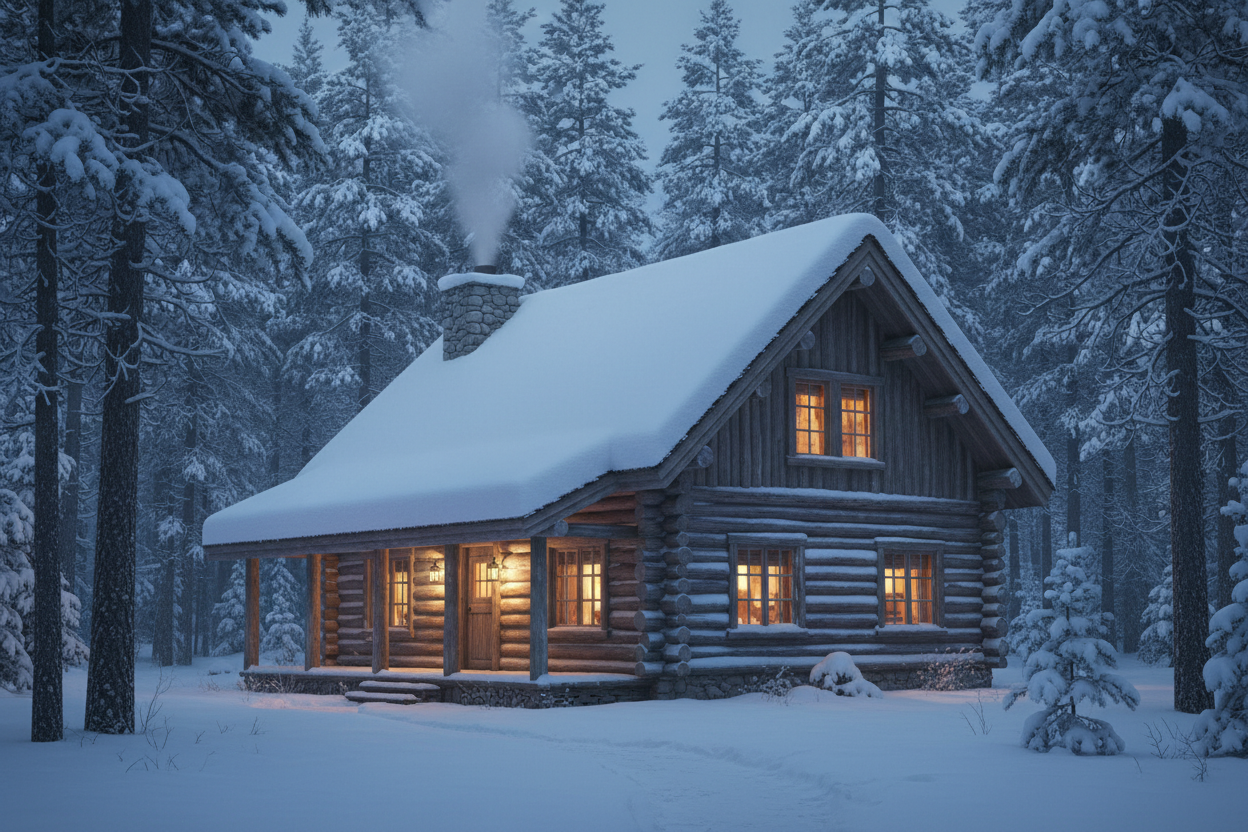 log cabin with snow